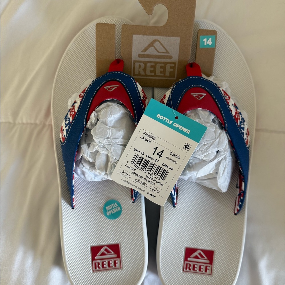 Reef Red, White, and Blue Sandals with Opener
